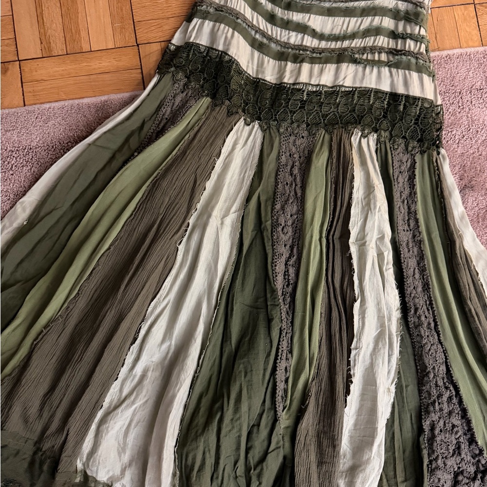 Miss Me Olive, White & Taupe Tiered Crochet Maxi Skirt